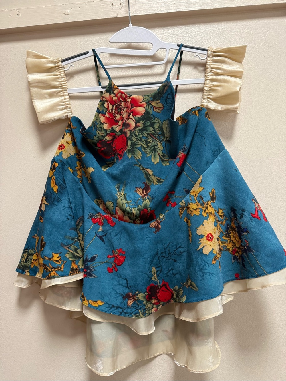 Moon Season Floral Blouse Ruffle Sleeve Boho Whimsigoth Teal & Champagne M